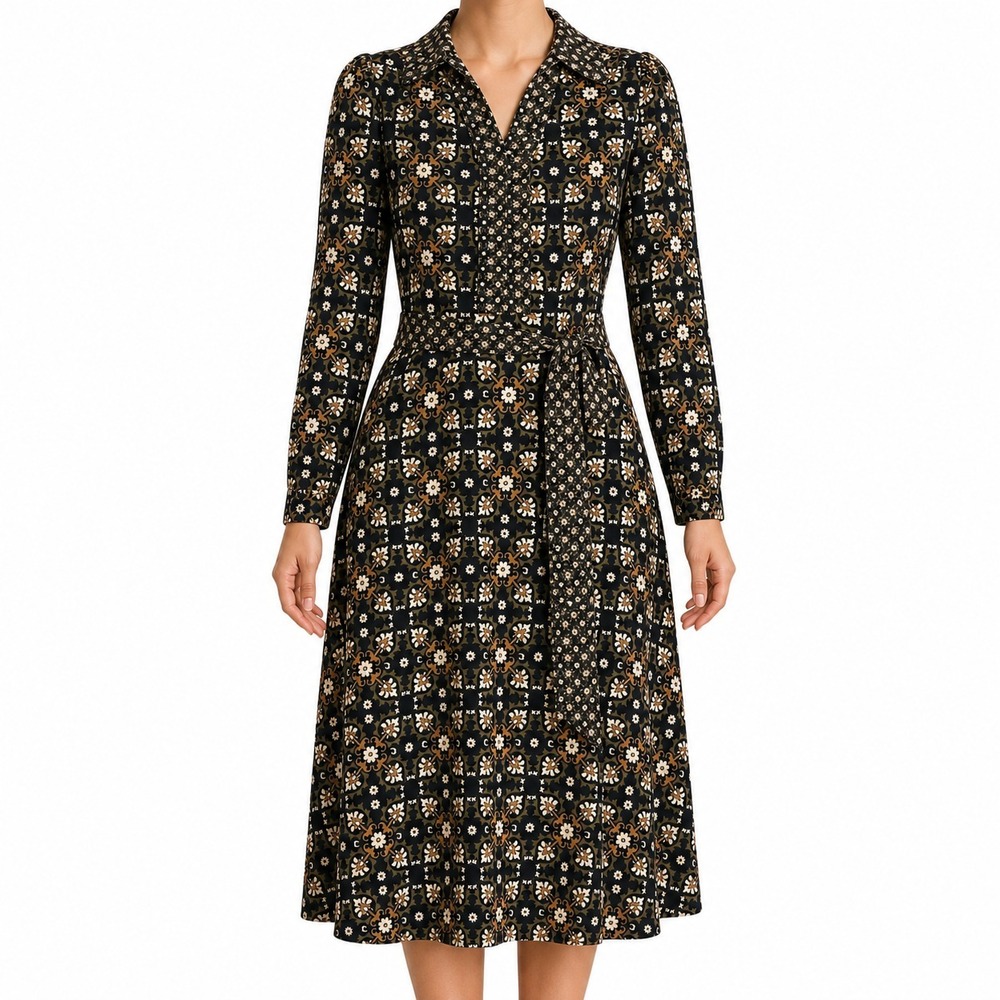 Boden Midi Dress Women Size 8P Floral Mixed Print V Neck Tie Waist Paisley Party